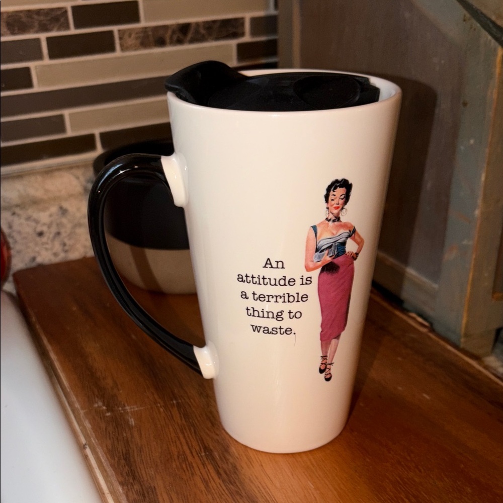 “An attitude is a terrible thing to waste” coffee mug w lid